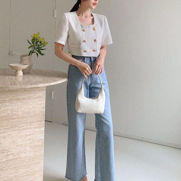 Beige Casual Women's Double Breasted Crop Blouse - Picture 5 of 5